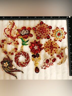 Red Jewelry Lot 12pc Brooches Enamel Rose Rhinestone